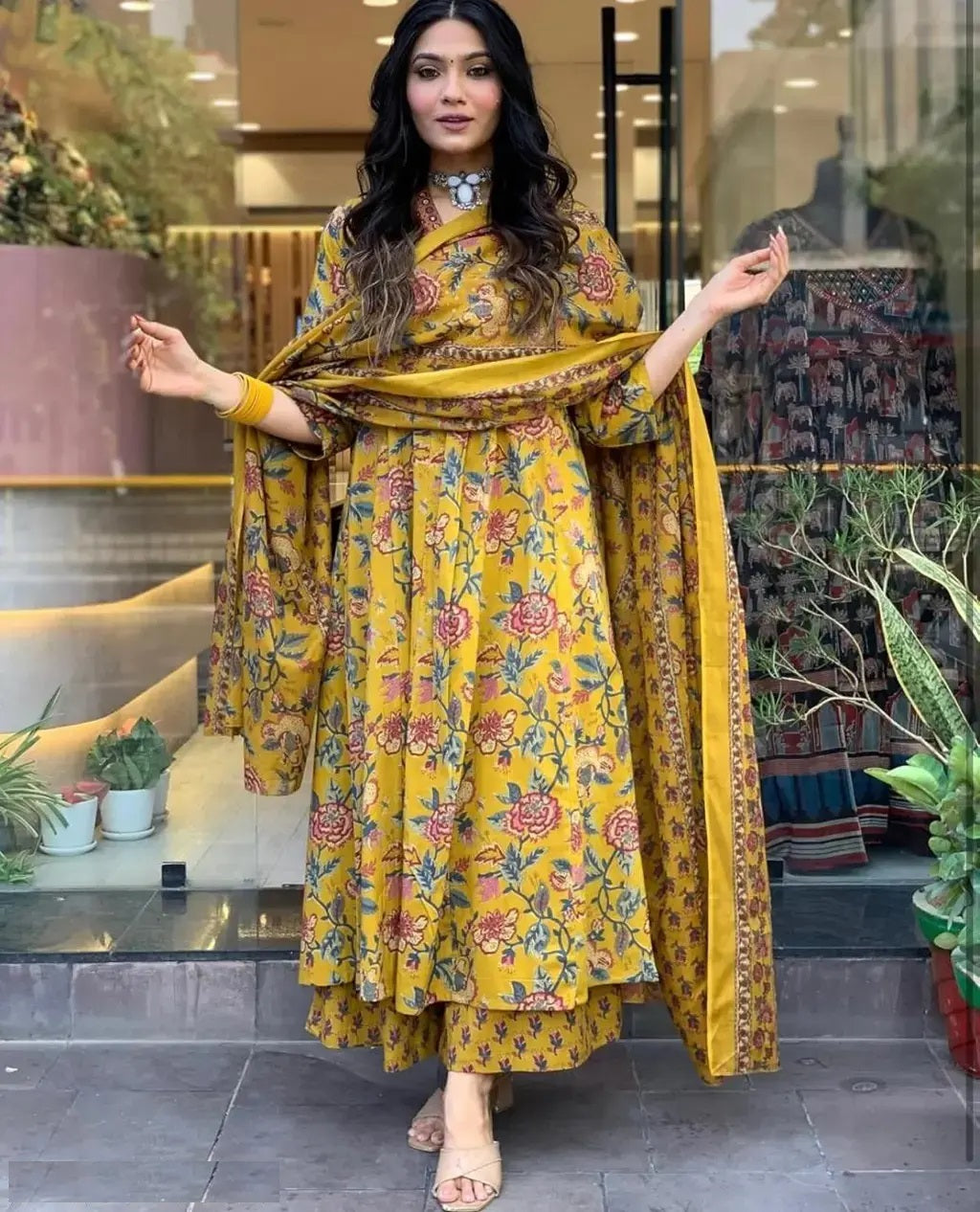 Yellow Cotton Rayon Printed Kurta Pant Dupatta Set For Women