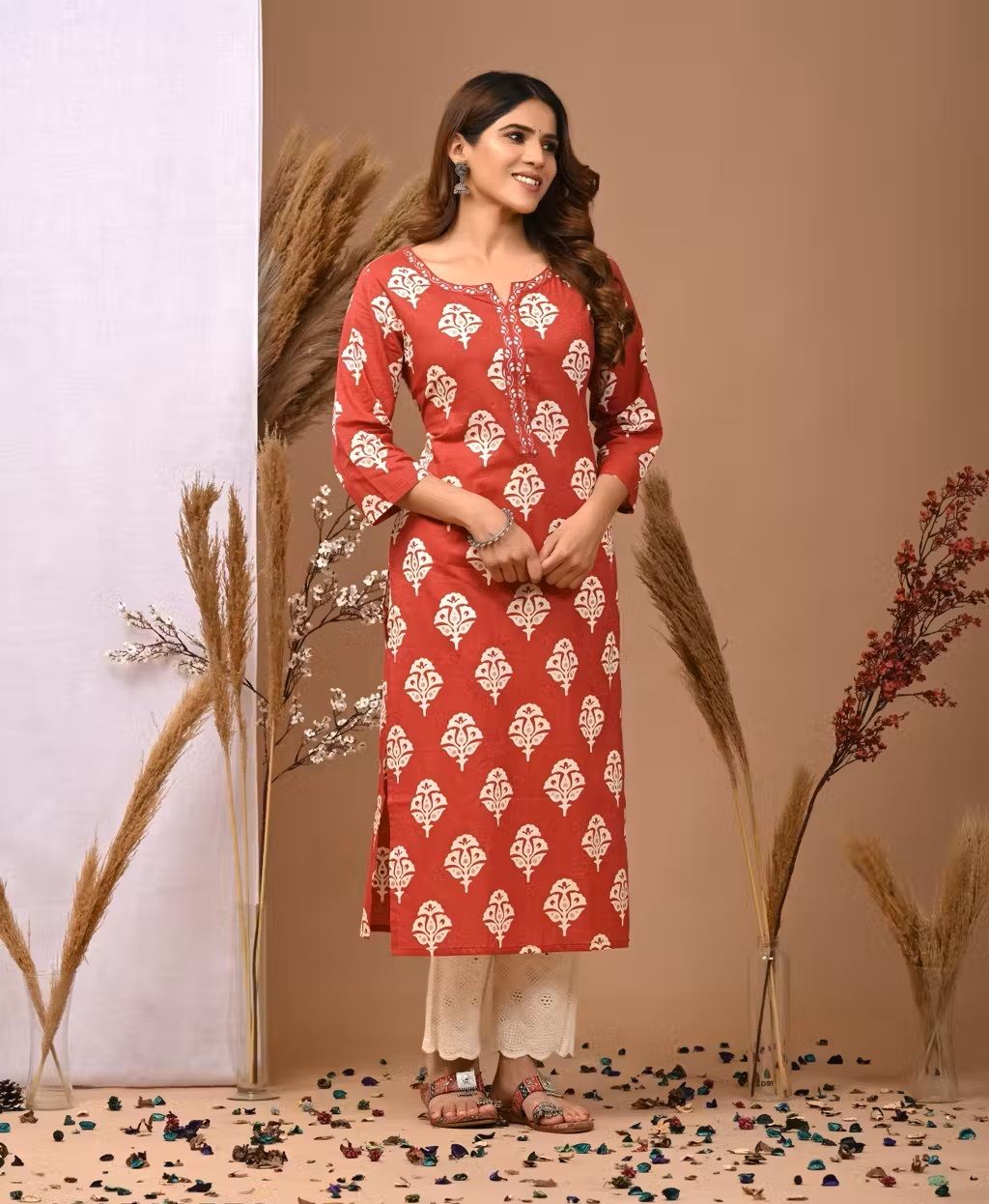 Red Pure Cotton Floral Block Printed Kurta For Women