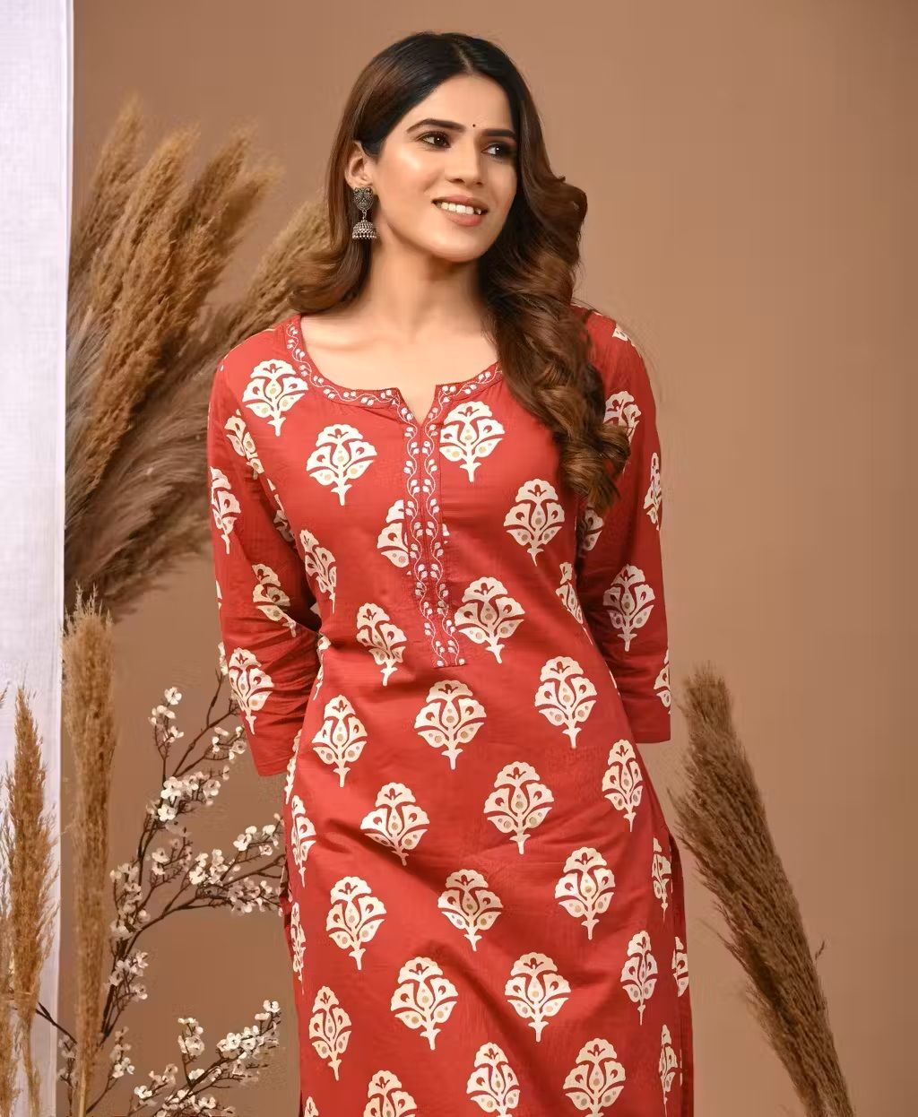 Red Pure Cotton Floral Block Printed Kurta For Women
