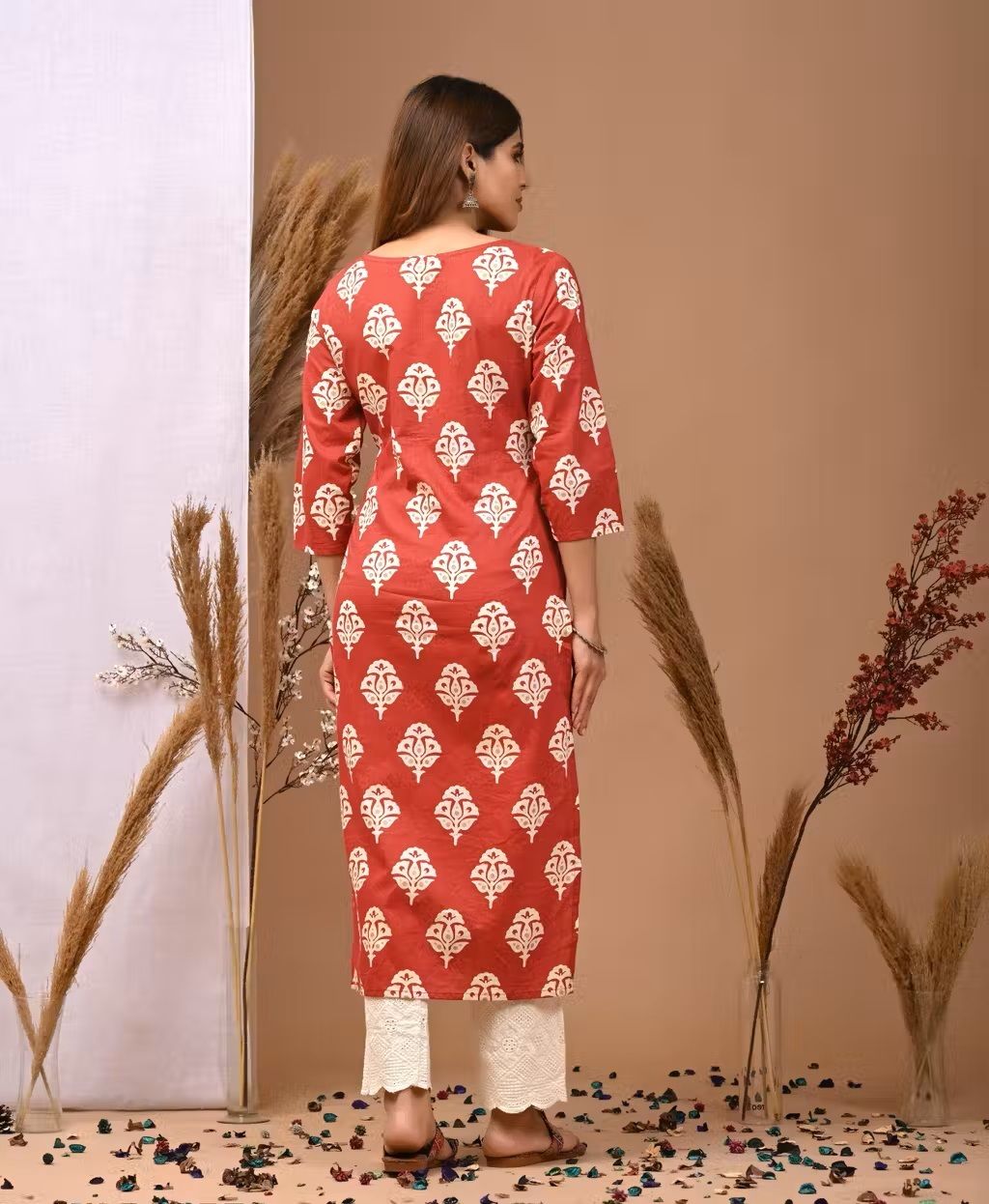 Red Pure Cotton Floral Block Printed Kurta For Women