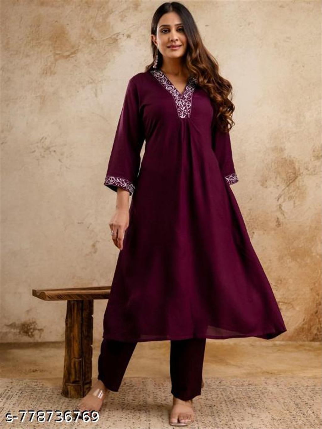 Wine Rayon Solid Straight Embroidered Lace Work Women Kurta And Bottom Wear Festive Collection