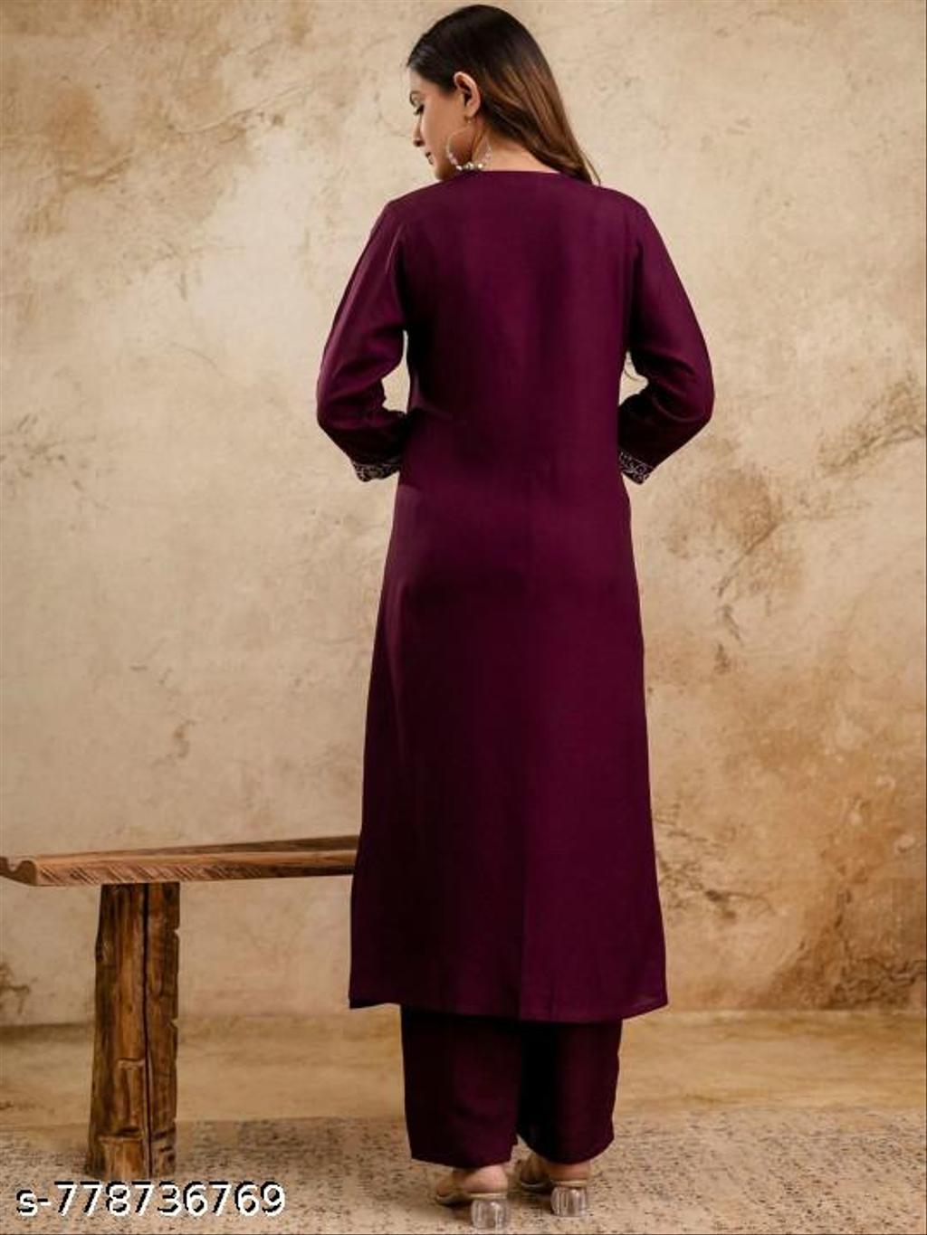 Wine Rayon Solid Straight Embroidered Lace Work Women Kurta And Bottom Wear Festive Collection
