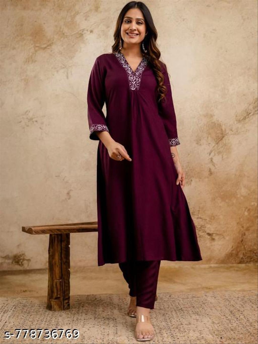 Wine Rayon Solid Straight Embroidered Lace Work Women Kurta And Bottom Wear Festive Collection