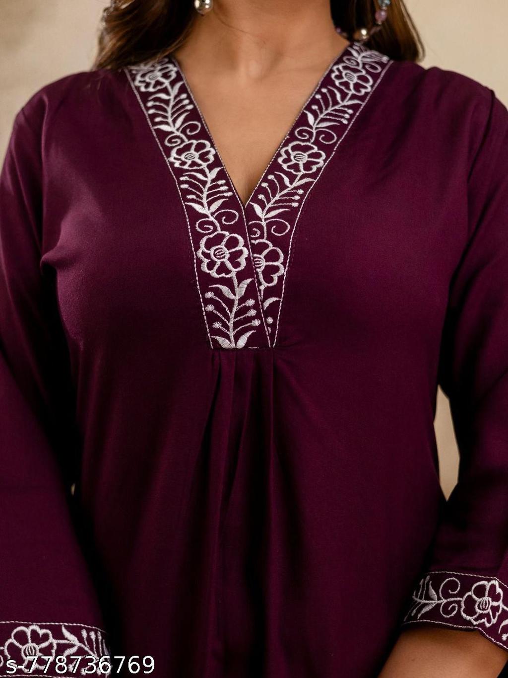 Wine Rayon Solid Straight Embroidered Lace Work Women Kurta And Bottom Wear Festive Collection