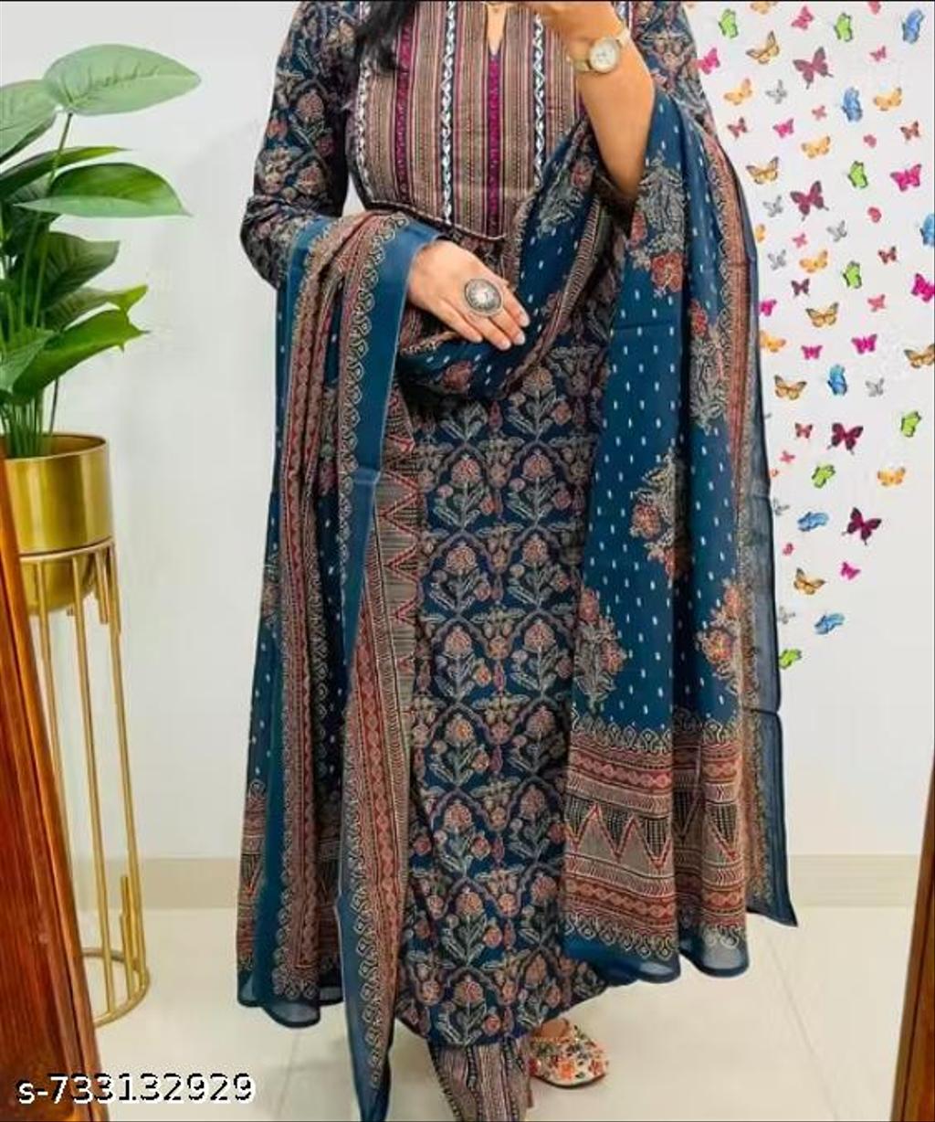 Navy Blue Cotton Blend Embroidered Kurta Palazzo Set For Women