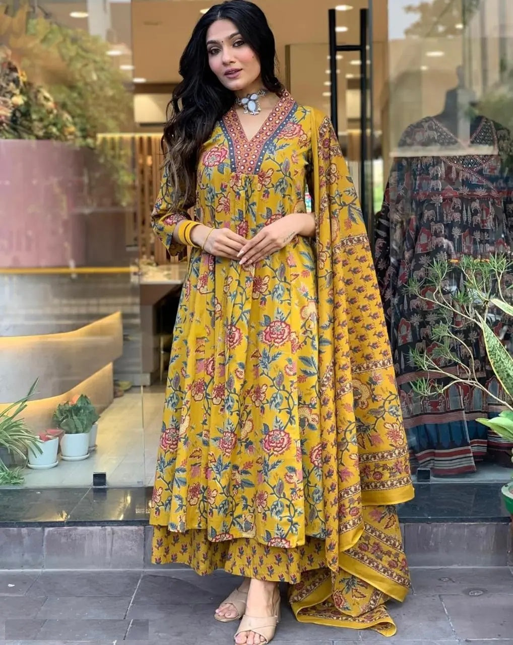 Yellow Cotton Rayon Printed Kurta Pant Dupatta Set For Women