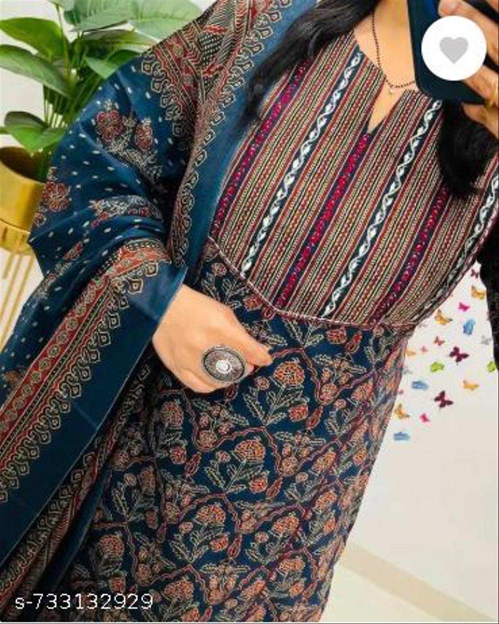 Navy Blue Cotton Blend Embroidered Kurta Palazzo Set For Women