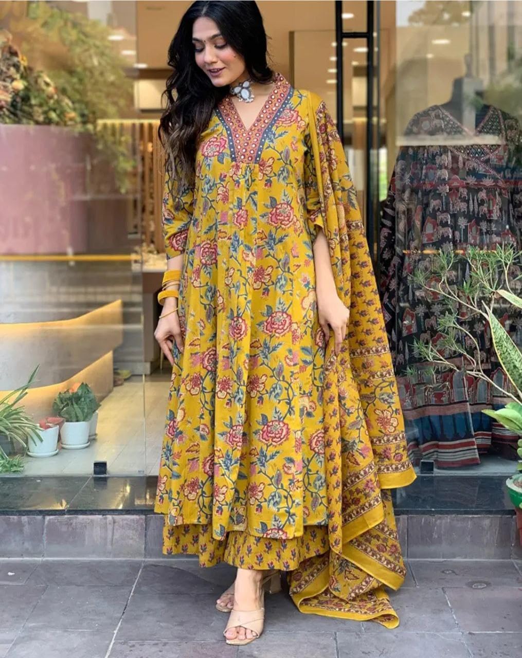 Yellow Cotton Rayon Printed Kurta Pant Dupatta Set For Women