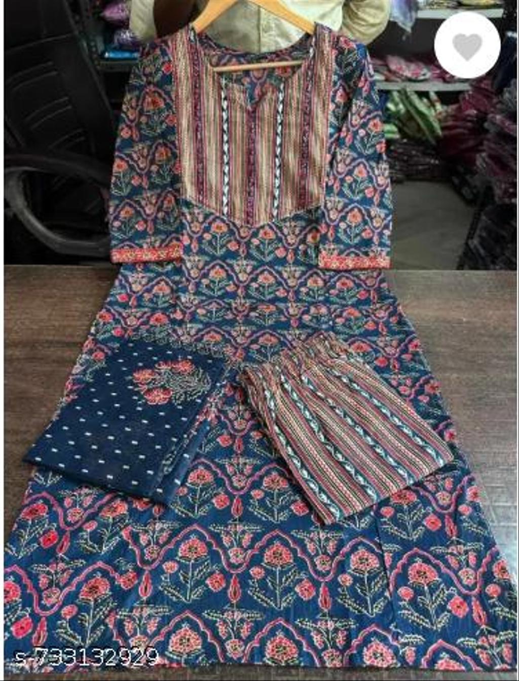 Navy Blue Cotton Blend Embroidered Kurta Palazzo Set For Women