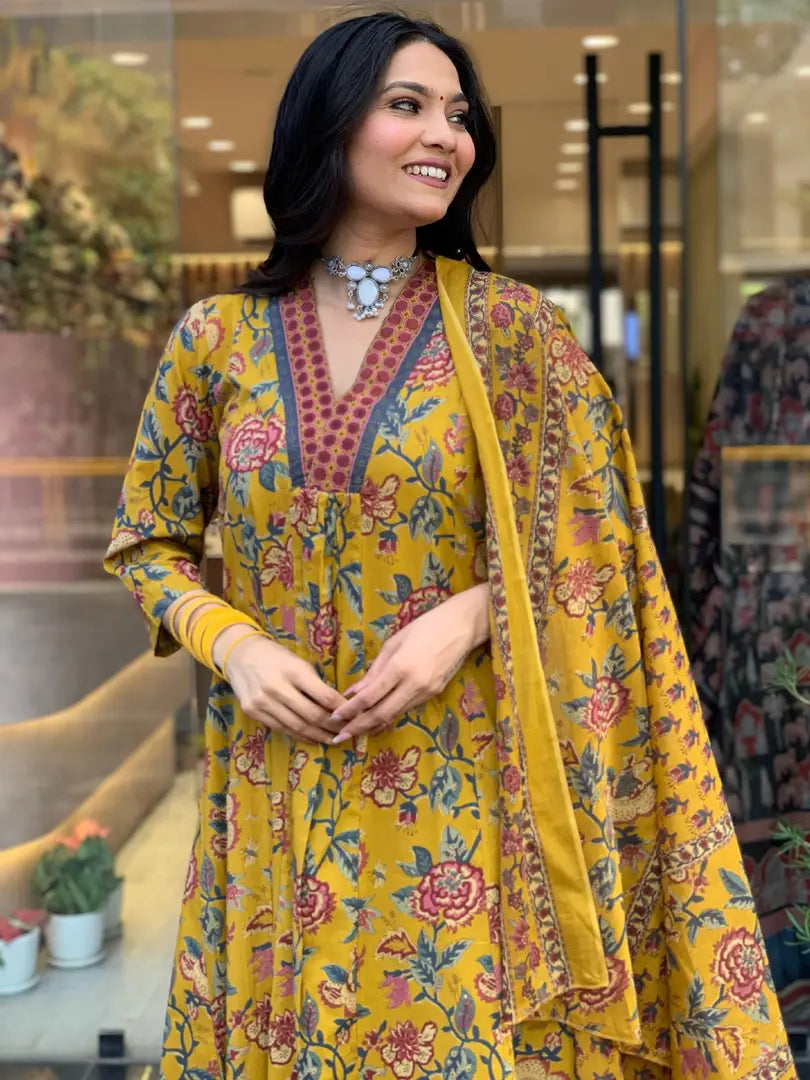 Yellow Cotton Rayon Printed Kurta Pant Dupatta Set For Women