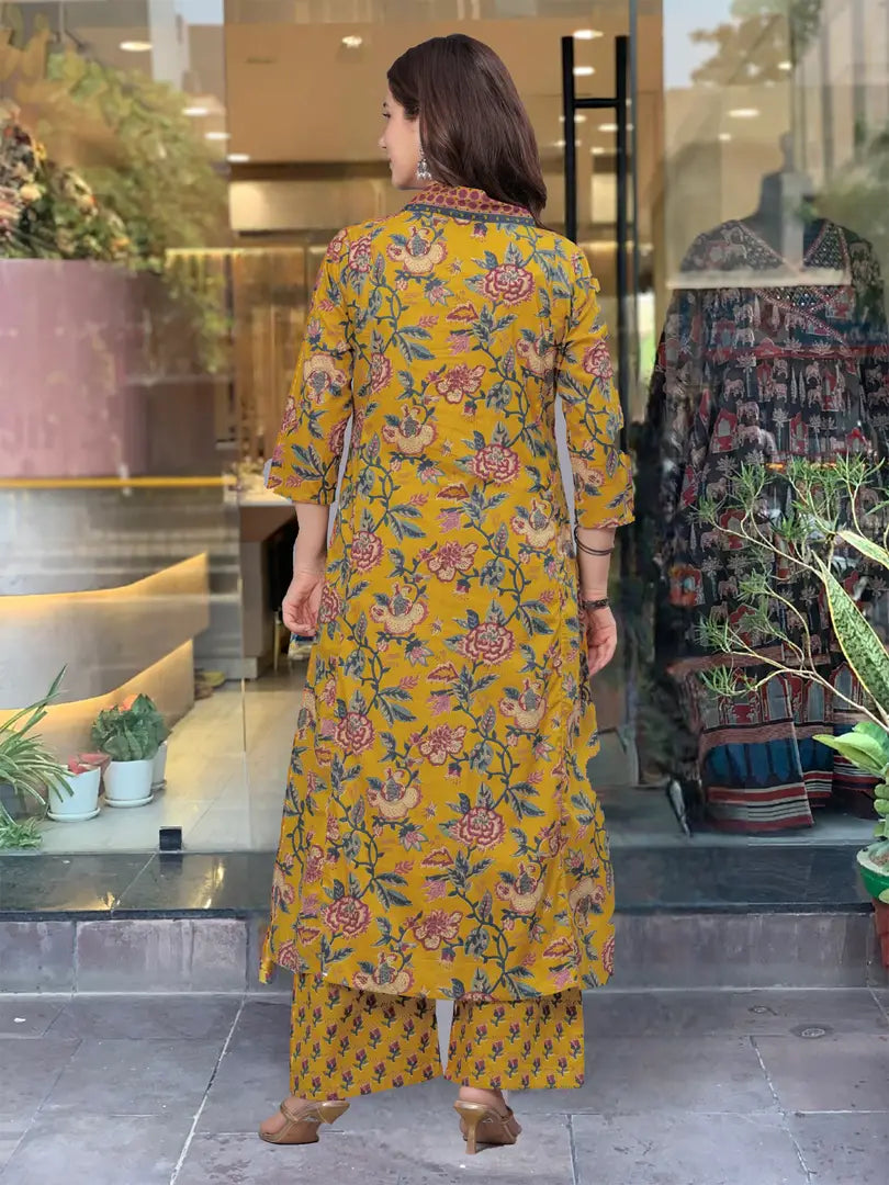 Yellow Cotton Rayon Printed Kurta Pant Dupatta Set For Women