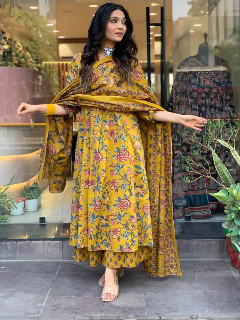 Yellow Cotton Rayon Printed Kurta Pant Dupatta Set For Women