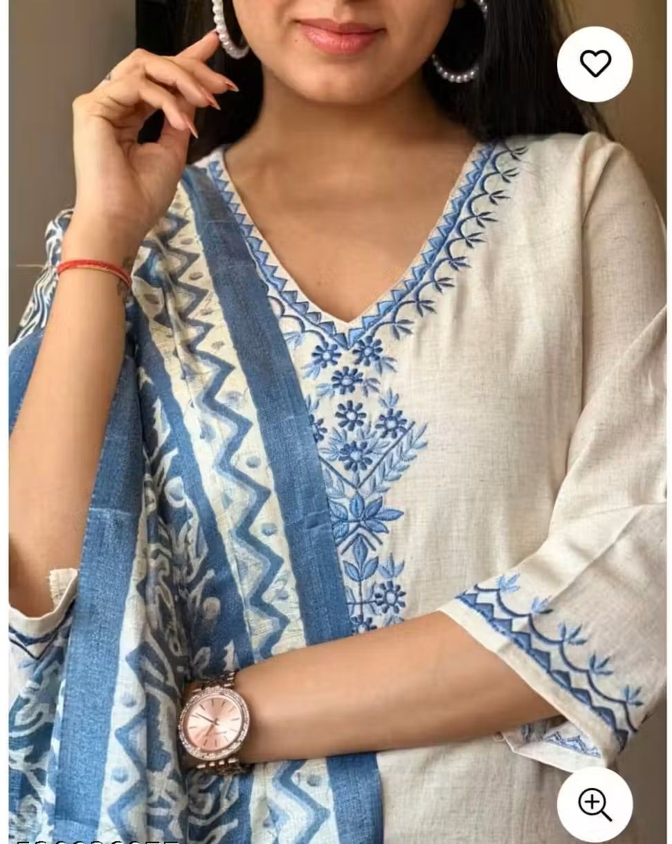 White And Blue Cotton Rayon Embroidered Kurta Pant Dupatta Set For Women
