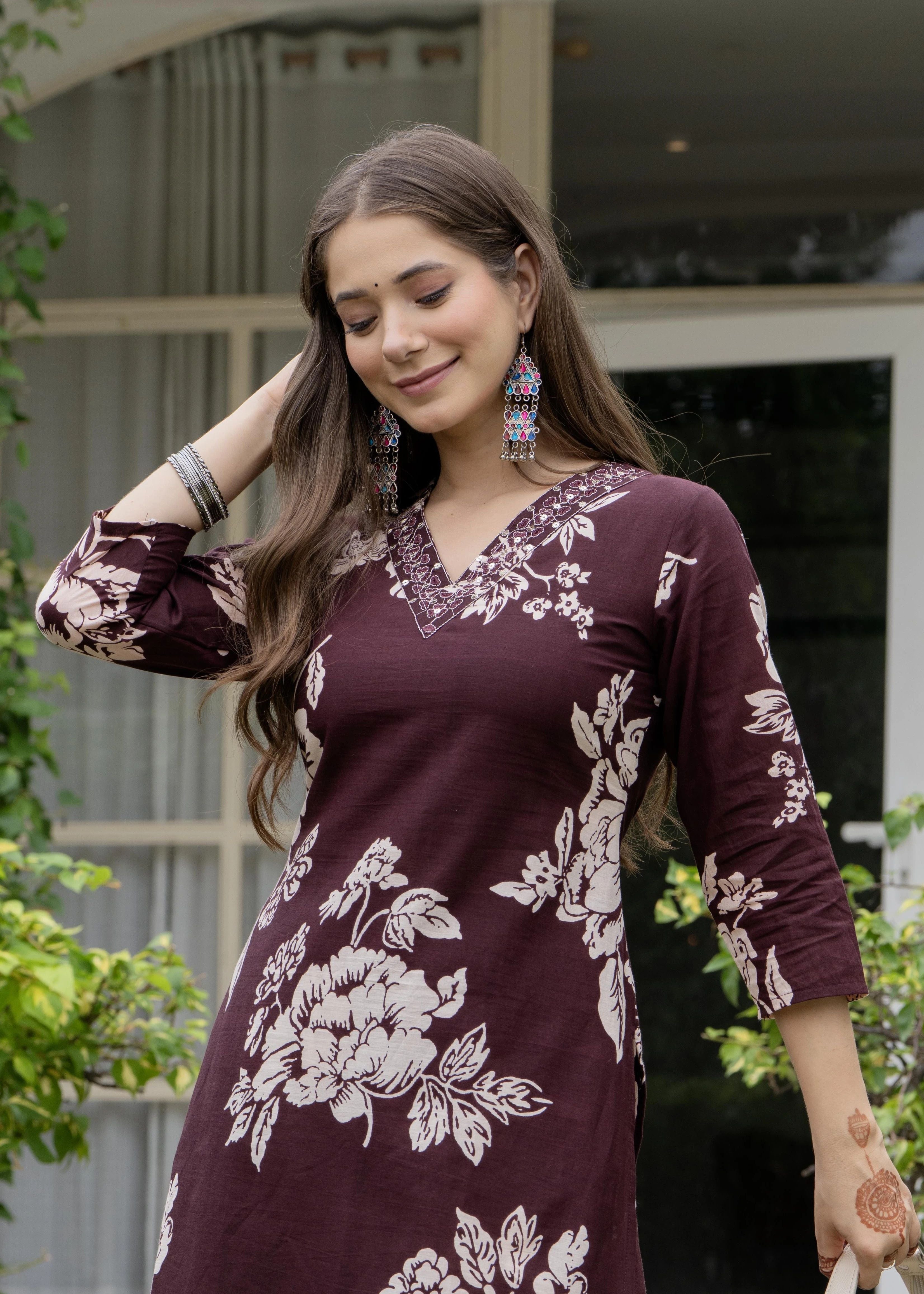 Brown Pure Cotton Floral Print Kurta Pant Set For Women