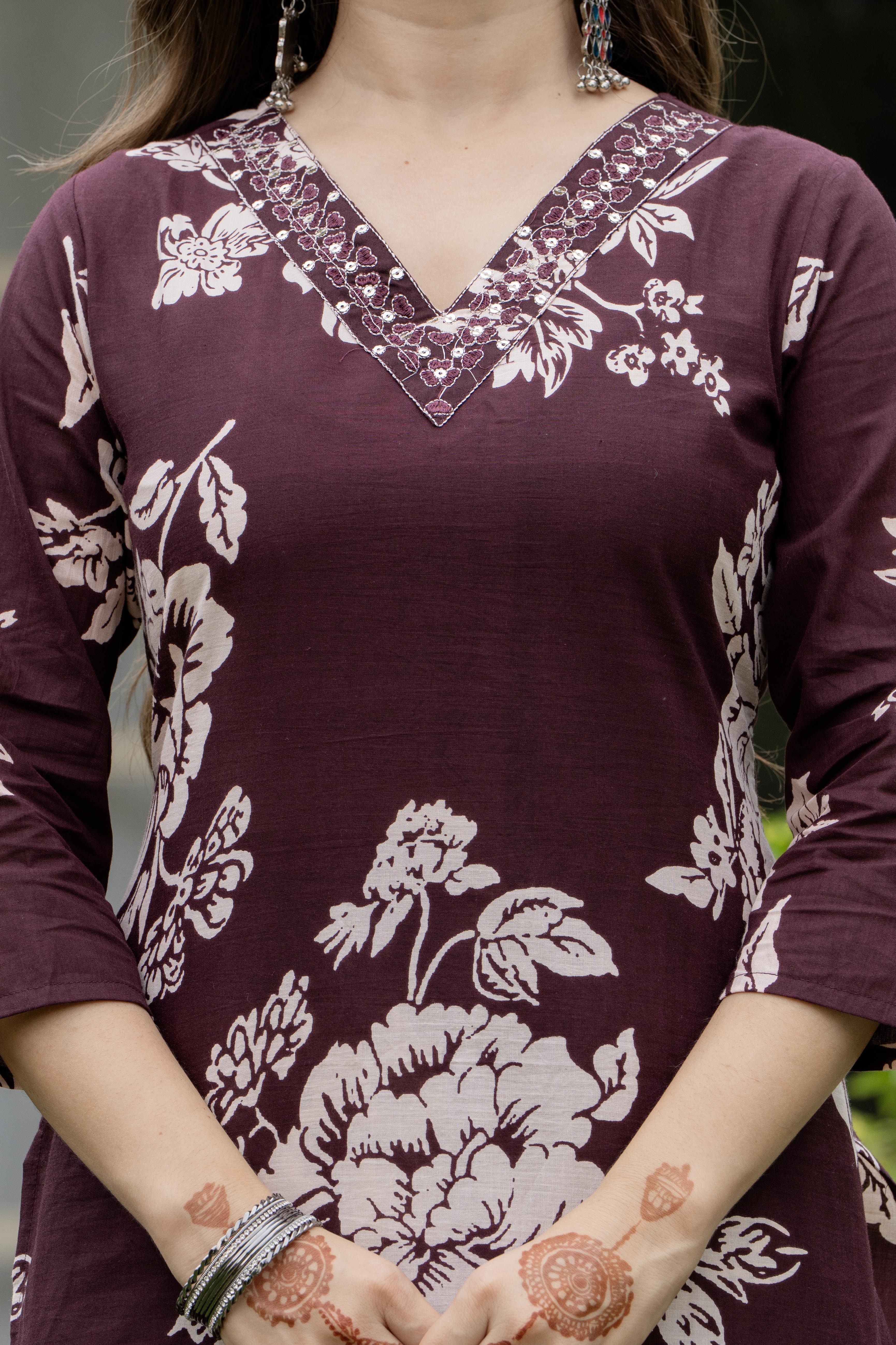 Brown Pure Cotton Floral Print Kurta Pant Set For Women