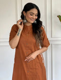 Brown Viscose Rayon Solid Kurta Pant Set For Women