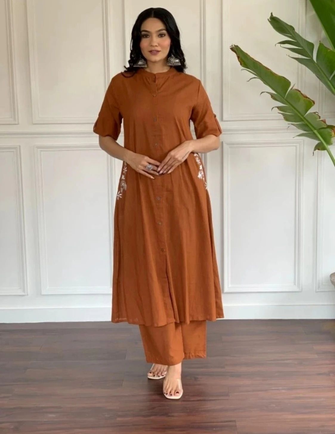 Brown Viscose Rayon Solid Kurta Pant Set For Women
