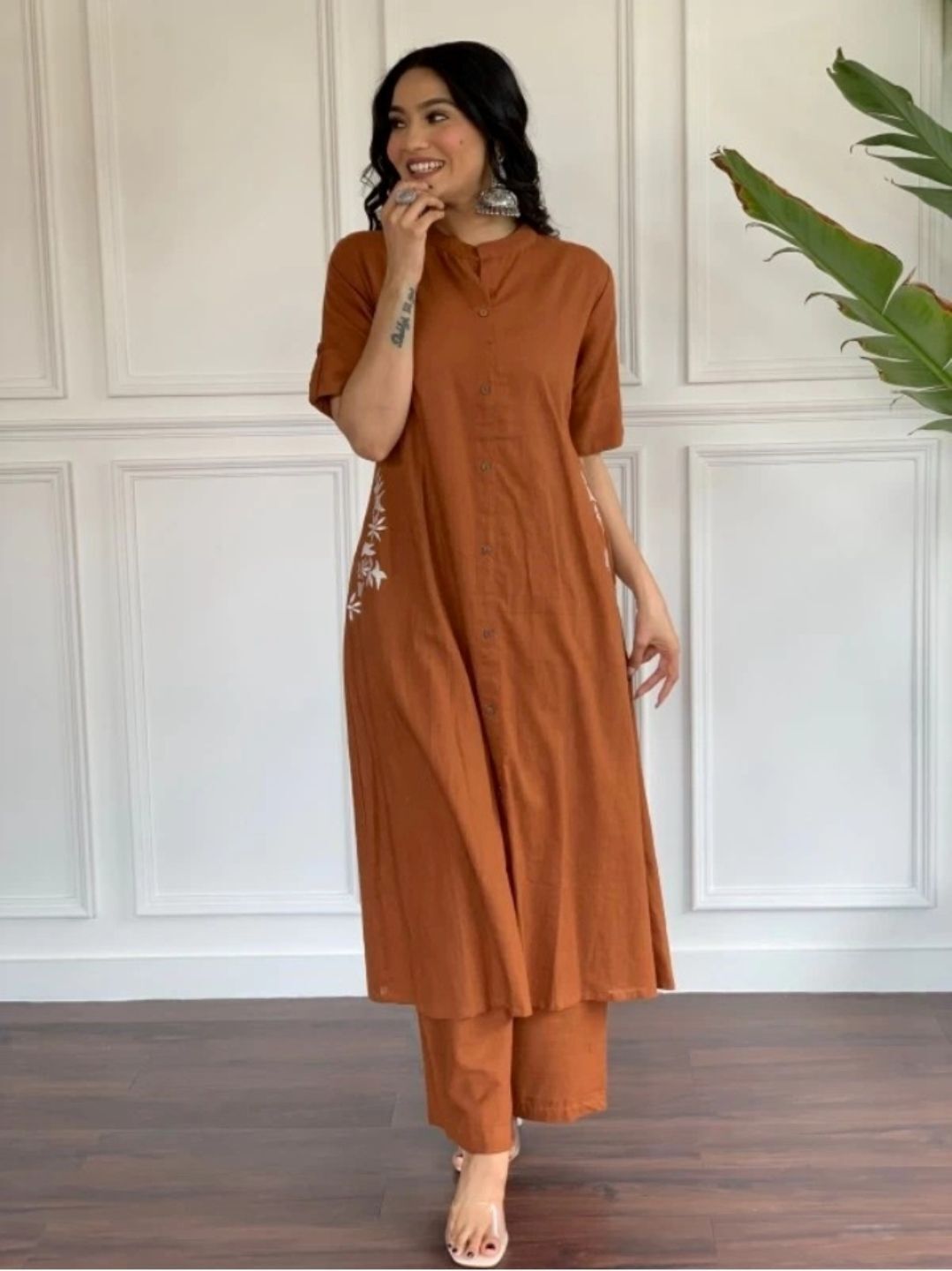 Brown Viscose Rayon Solid Kurta Pant Set For Women