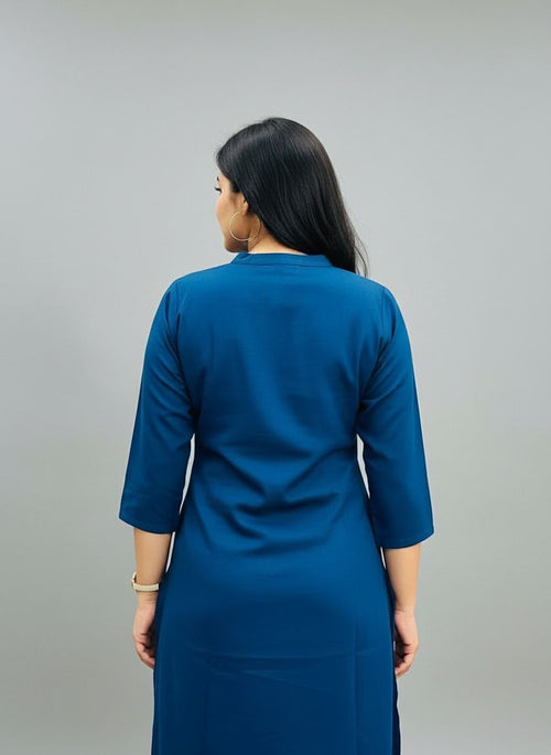 Blue Cotton Rayon Embroidered Kurta Pant Set For Women