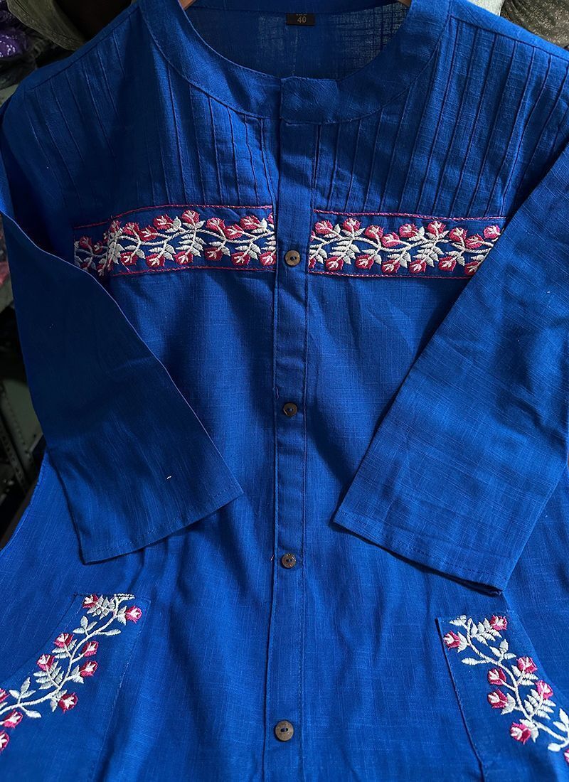 Blue Cotton Rayon Embroidered Kurta Pant Set For Women