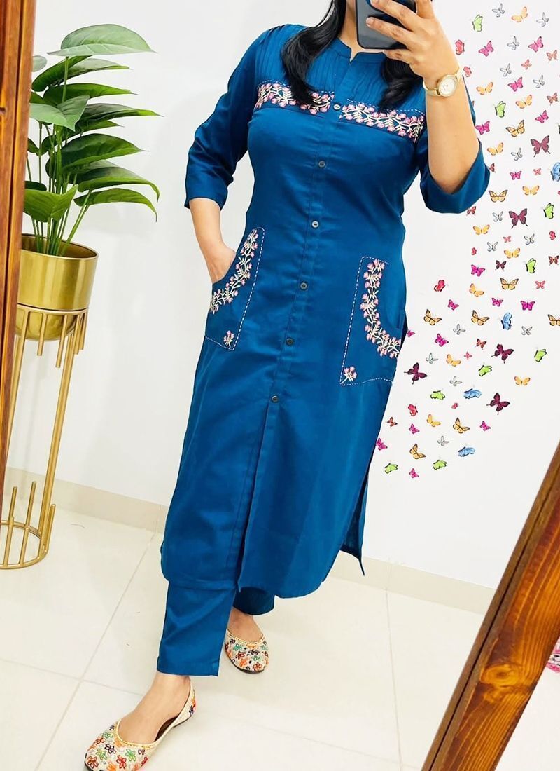 Blue Cotton Rayon Embroidered Kurta Pant Set For Women