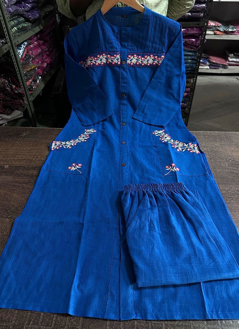 Blue Cotton Rayon Embroidered Kurta Pant Set For Women