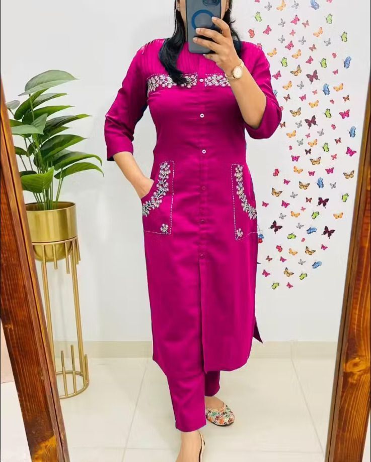 Pink Cotton Rayon Embroidered Kurta Pant Set For Women