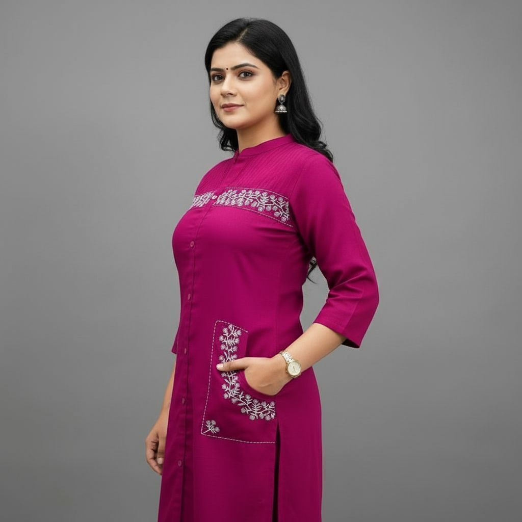Pink Cotton Rayon Embroidered Kurta Pant Set For Women