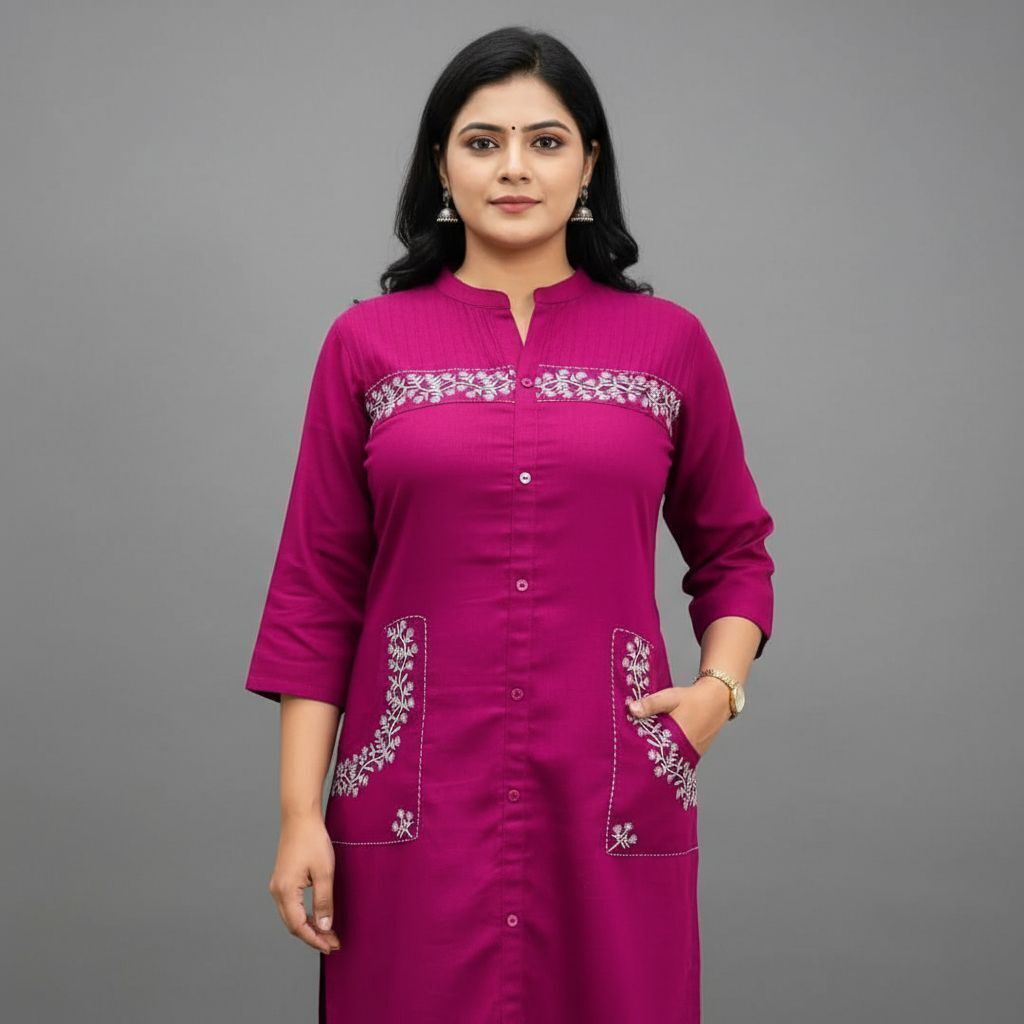 Pink Cotton Rayon Embroidered Kurta Pant Set For Women