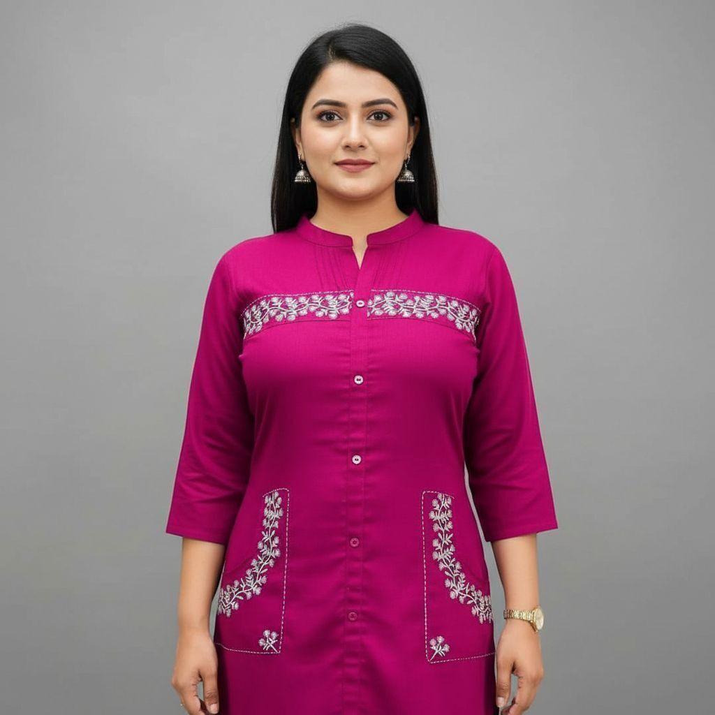 Pink Cotton Rayon Embroidered Kurta Pant Set For Women