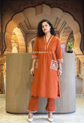 Rust Cotton Blend Embroidered Kurta Palazzo Set For Women