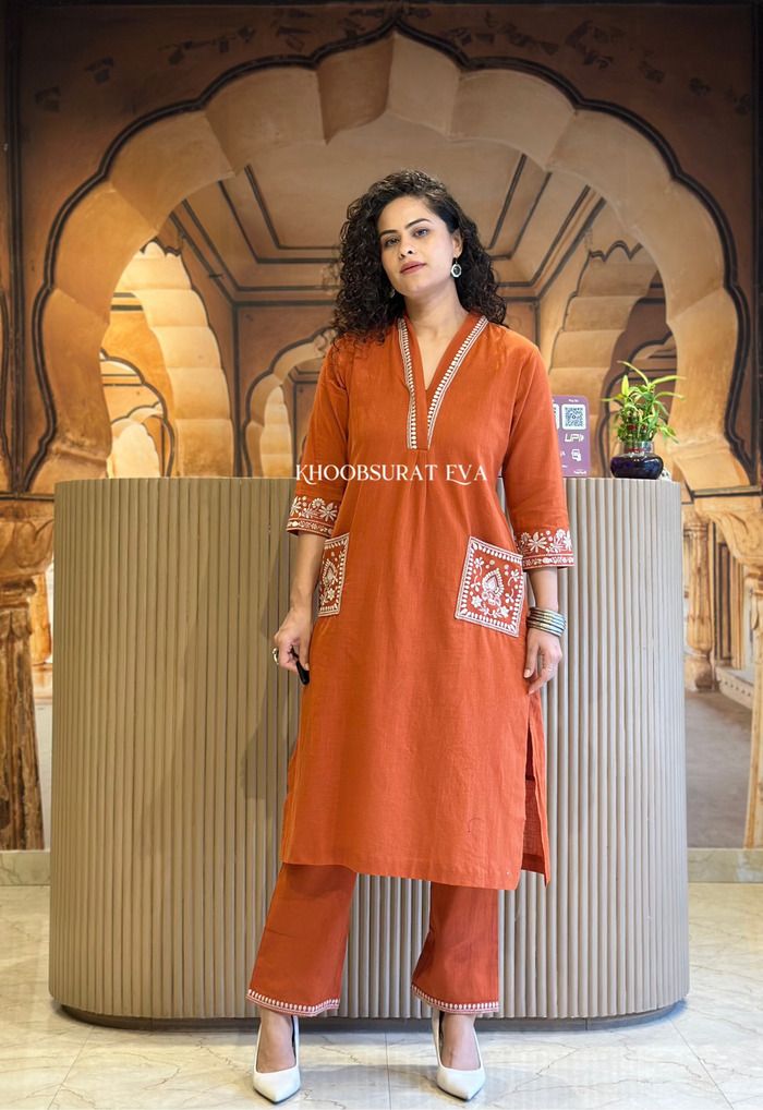 Rust Cotton Blend Embroidered Kurta Palazzo Set For Women
