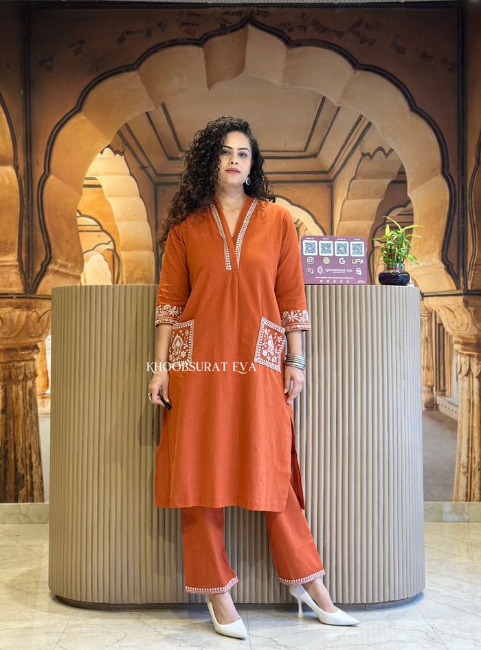 Rust Cotton Blend Embroidered Kurta Palazzo Set For Women