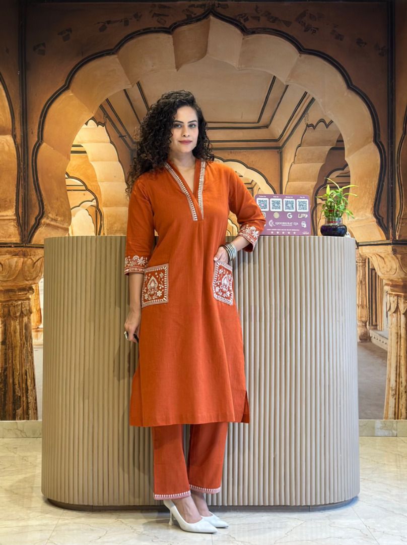 Rust Cotton Blend Embroidered Kurta Palazzo Set For Women