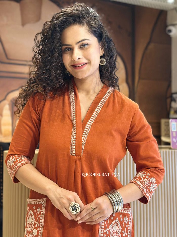 Rust Cotton Blend Embroidered Kurta Palazzo Set For Women