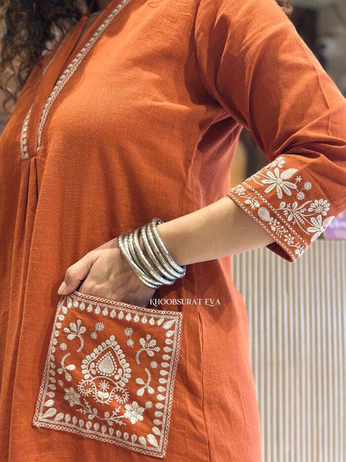 Rust Cotton Blend Embroidered Kurta Palazzo Set For Women