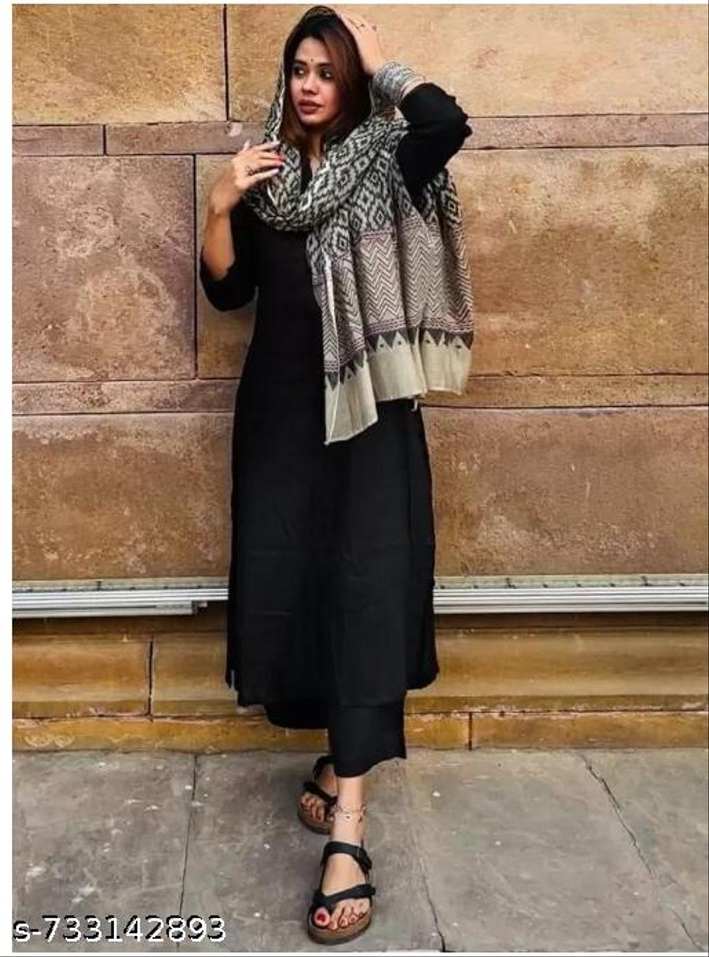 NEW BLACK KURTI WITH PANT AND PRINTED DUPPATA WOMEN KURTA SETS