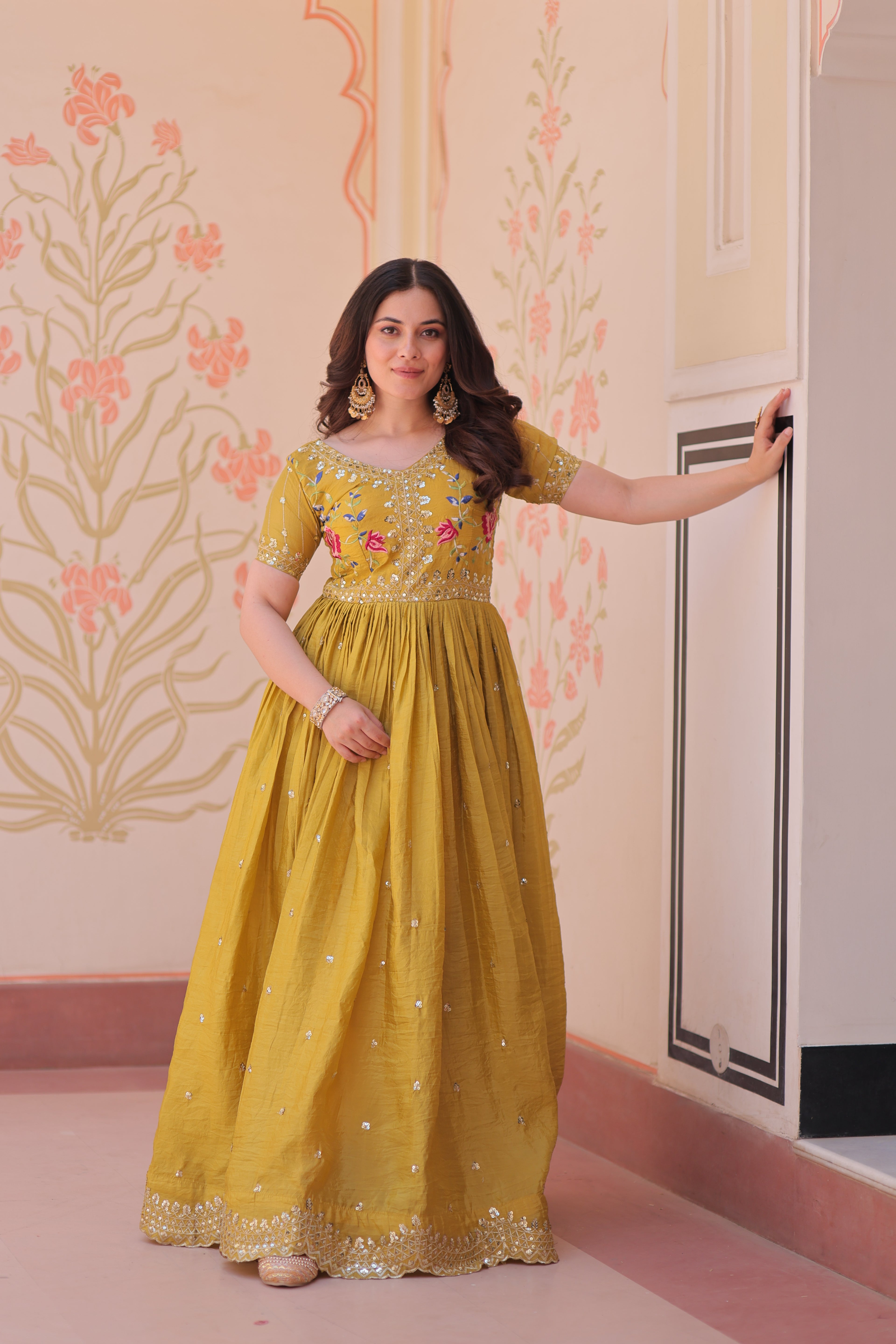 Yellow grown with embroidery Work