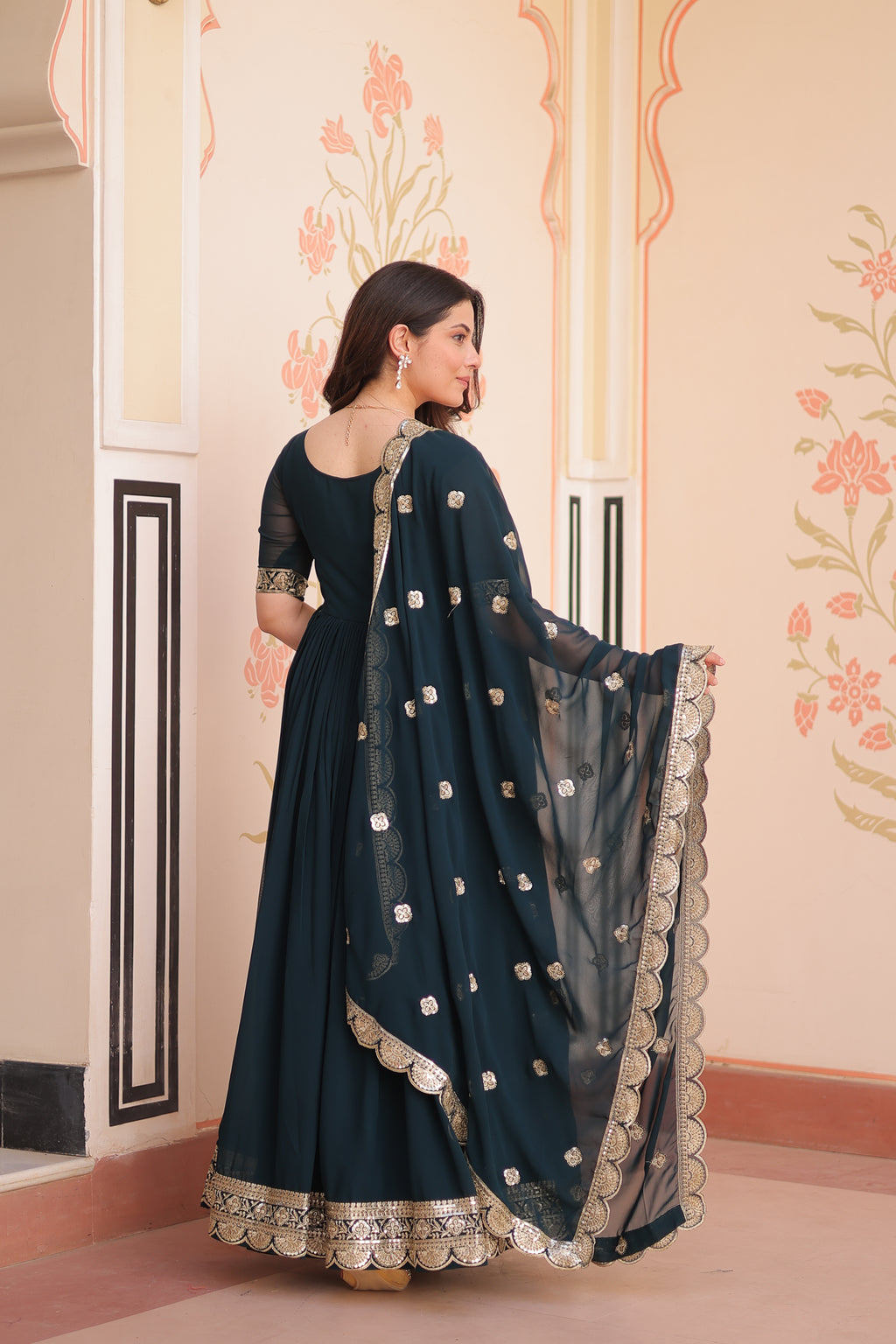 Rama grown with embroidery with digital print duppata