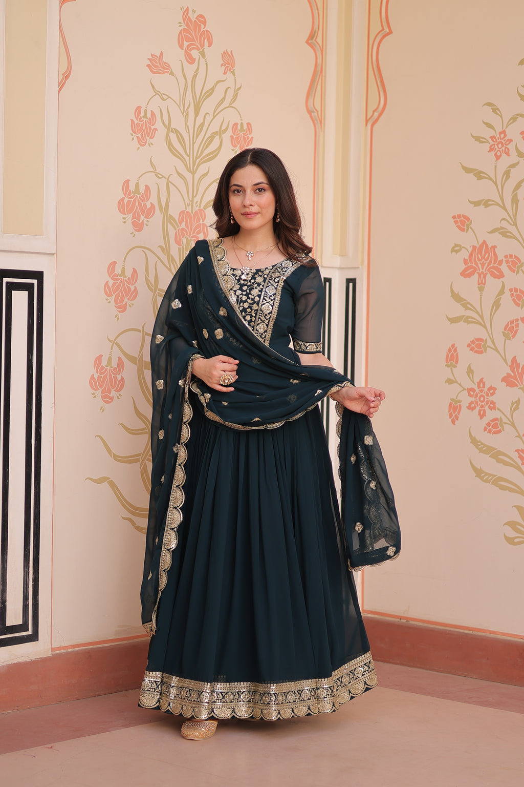 Rama grown with embroidery with digital print duppata