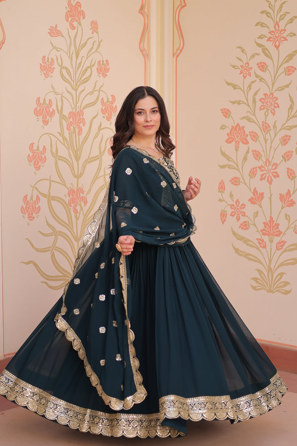 Rama grown with embroidery with digital print duppata
