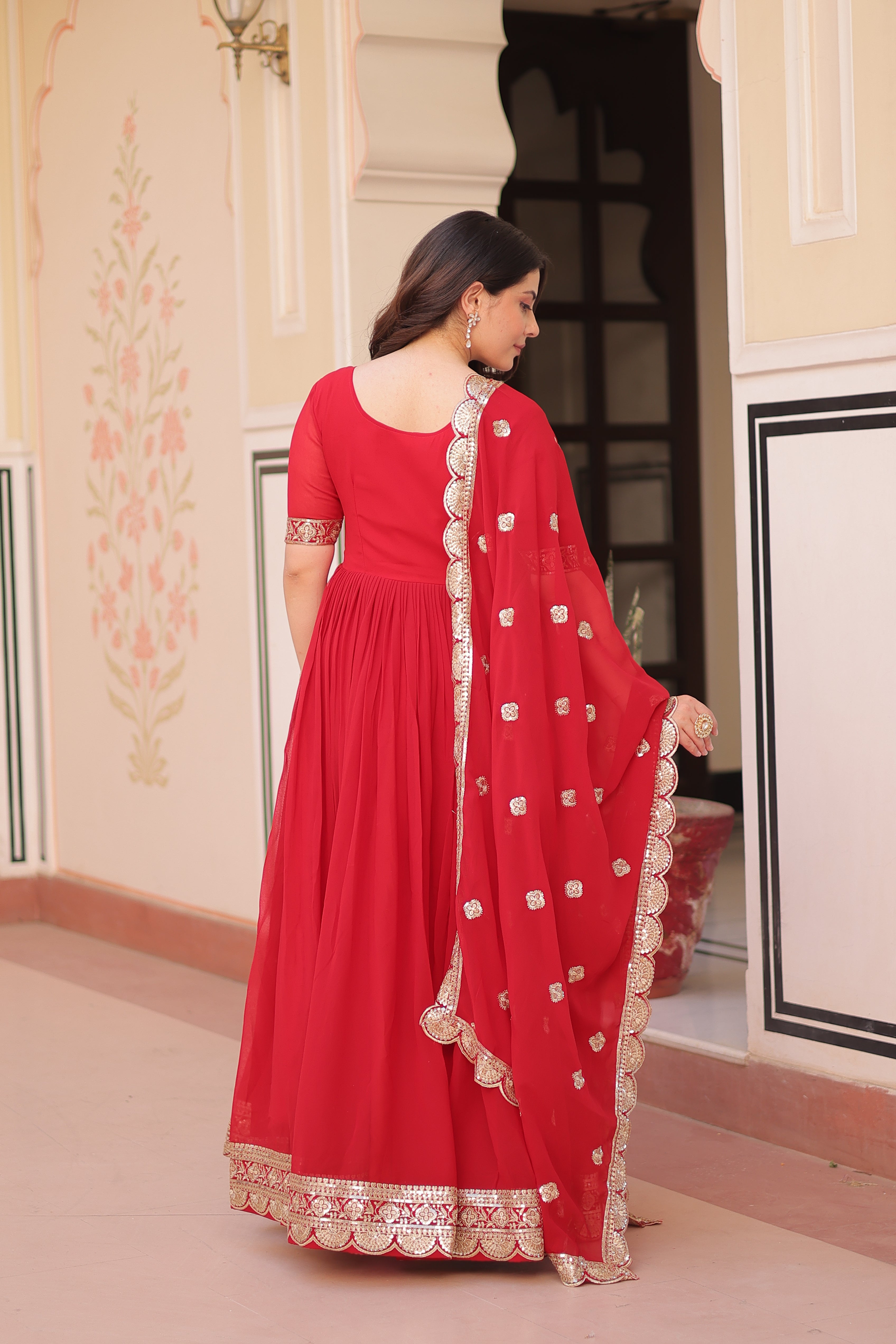 Red grown with embroidery with digital print duppata