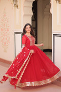 Red grown with embroidery with digital print duppata