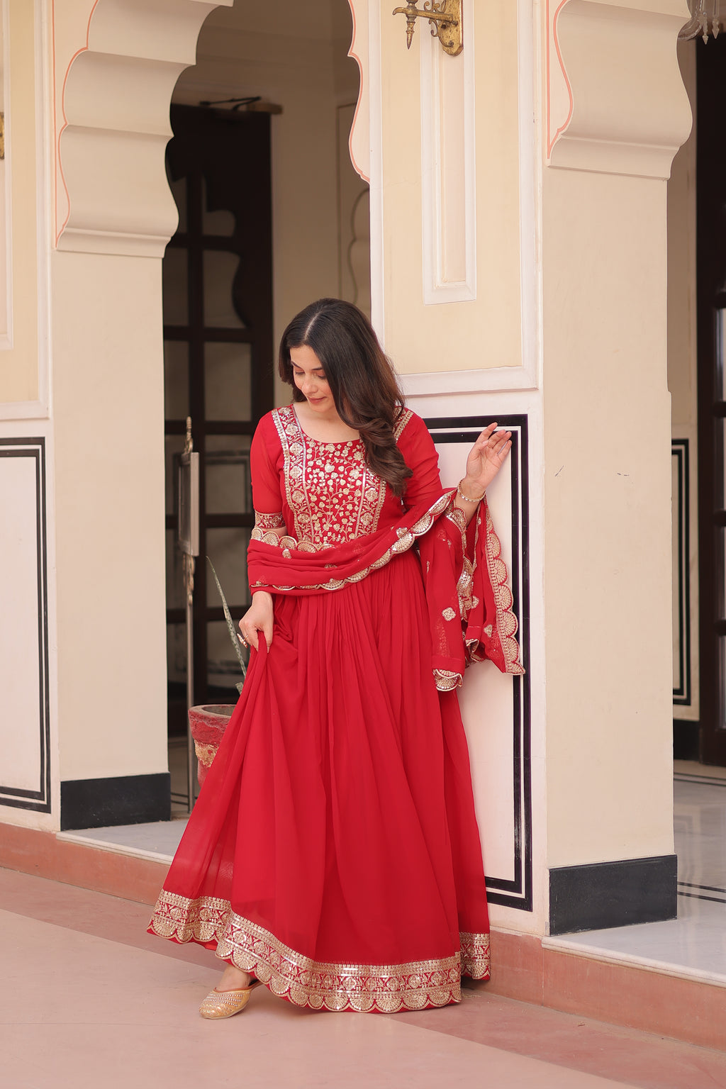 Red grown with embroidery with digital print duppata