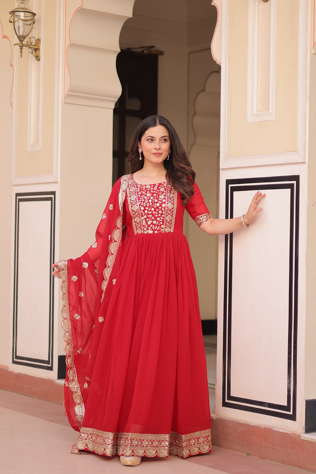 Red grown with embroidery with digital print duppata