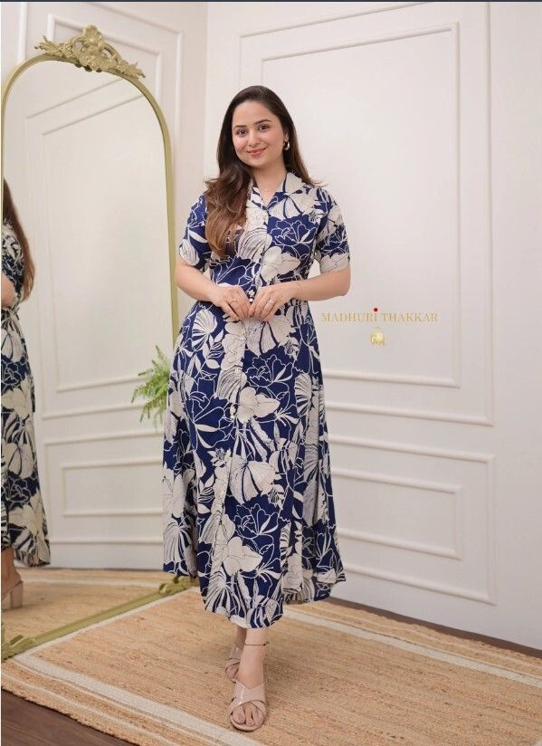 Blue Cotton Rayon Floral Print Kurta For Women