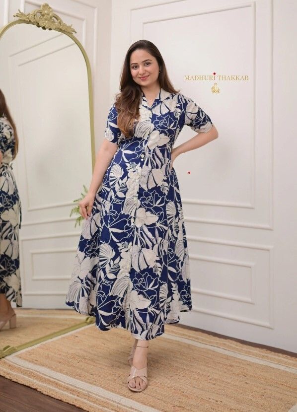 Blue Cotton Rayon Floral Print Kurta For Women