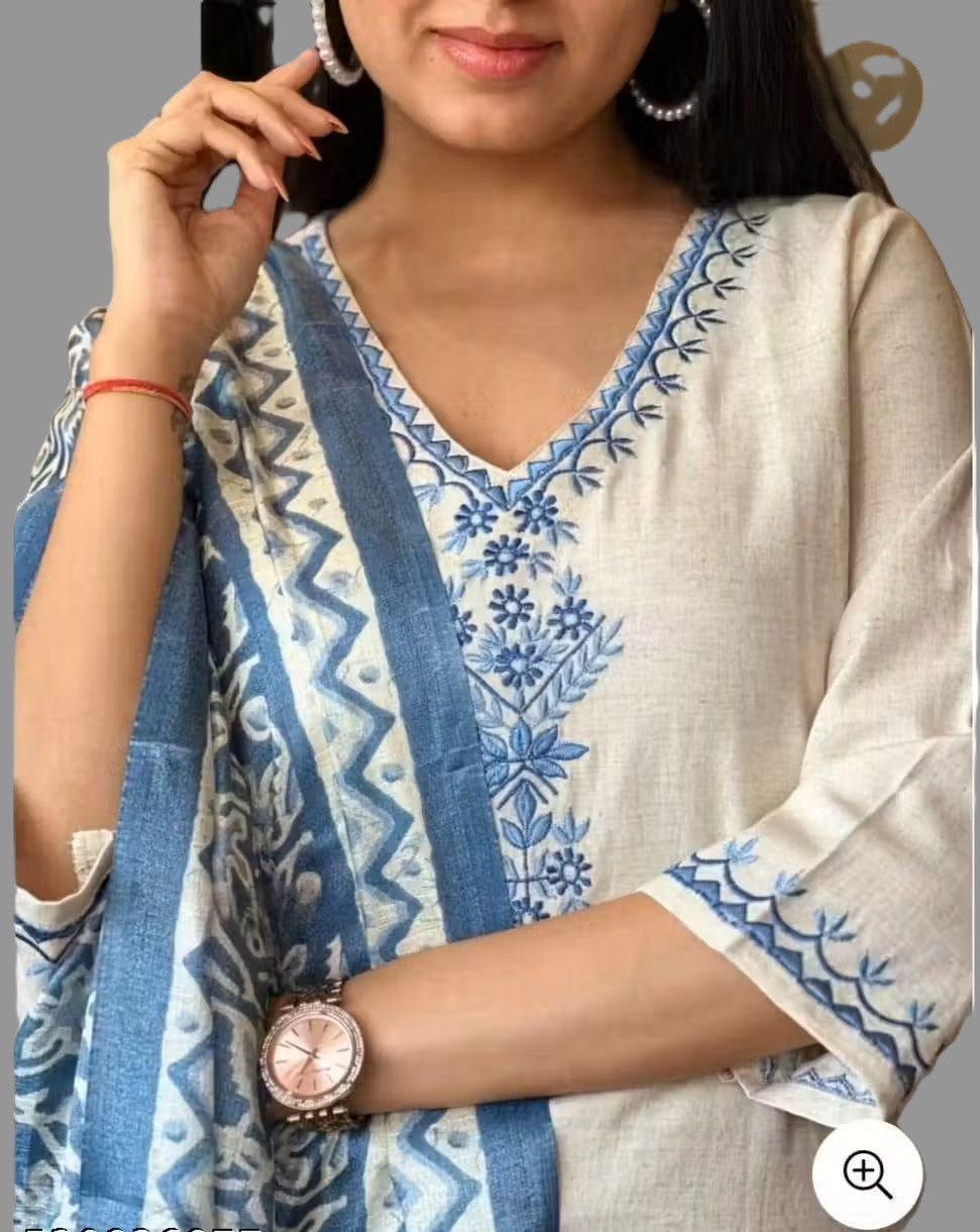 White And Blue Cotton Rayon Embroidered Kurta Pant Dupatta Set For Women